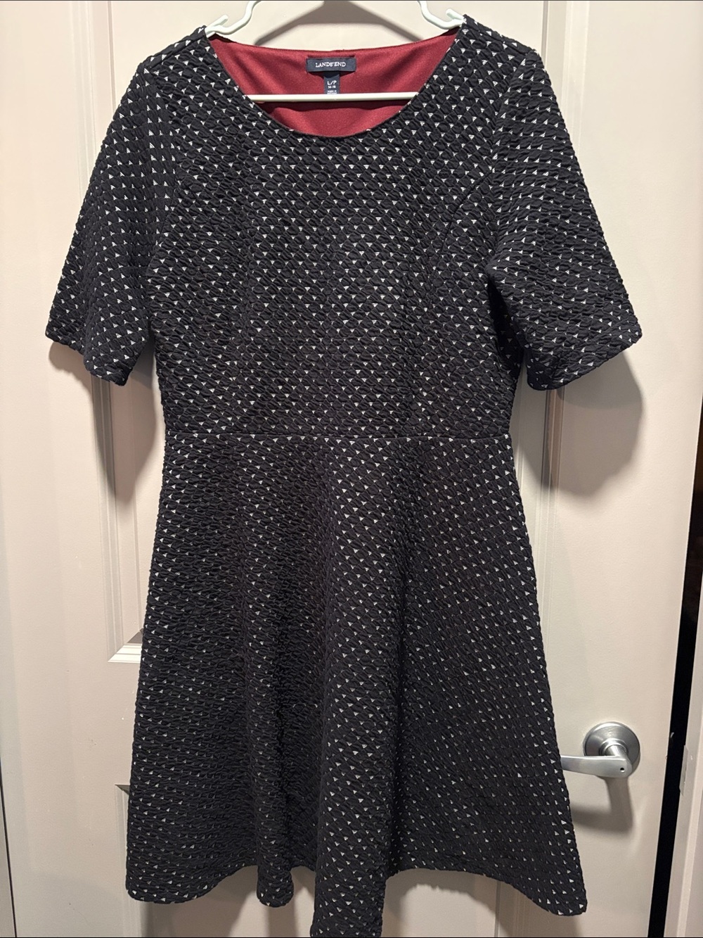Lands' End Black Textured Fit Flare Dress 14 16 Modest Midi